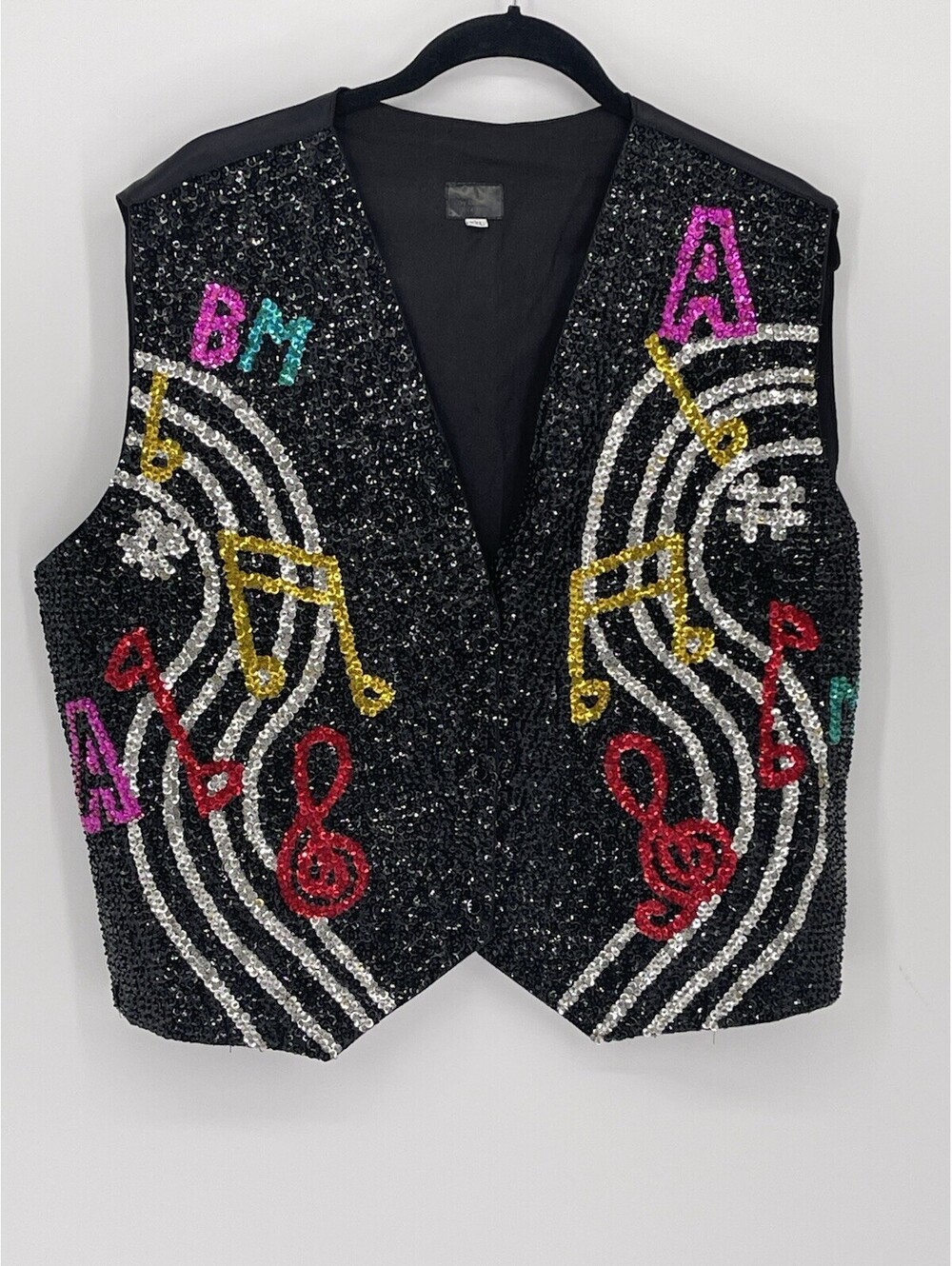 By Design XXL Black Sequin Music Note Vest Statement Party Disco Glam